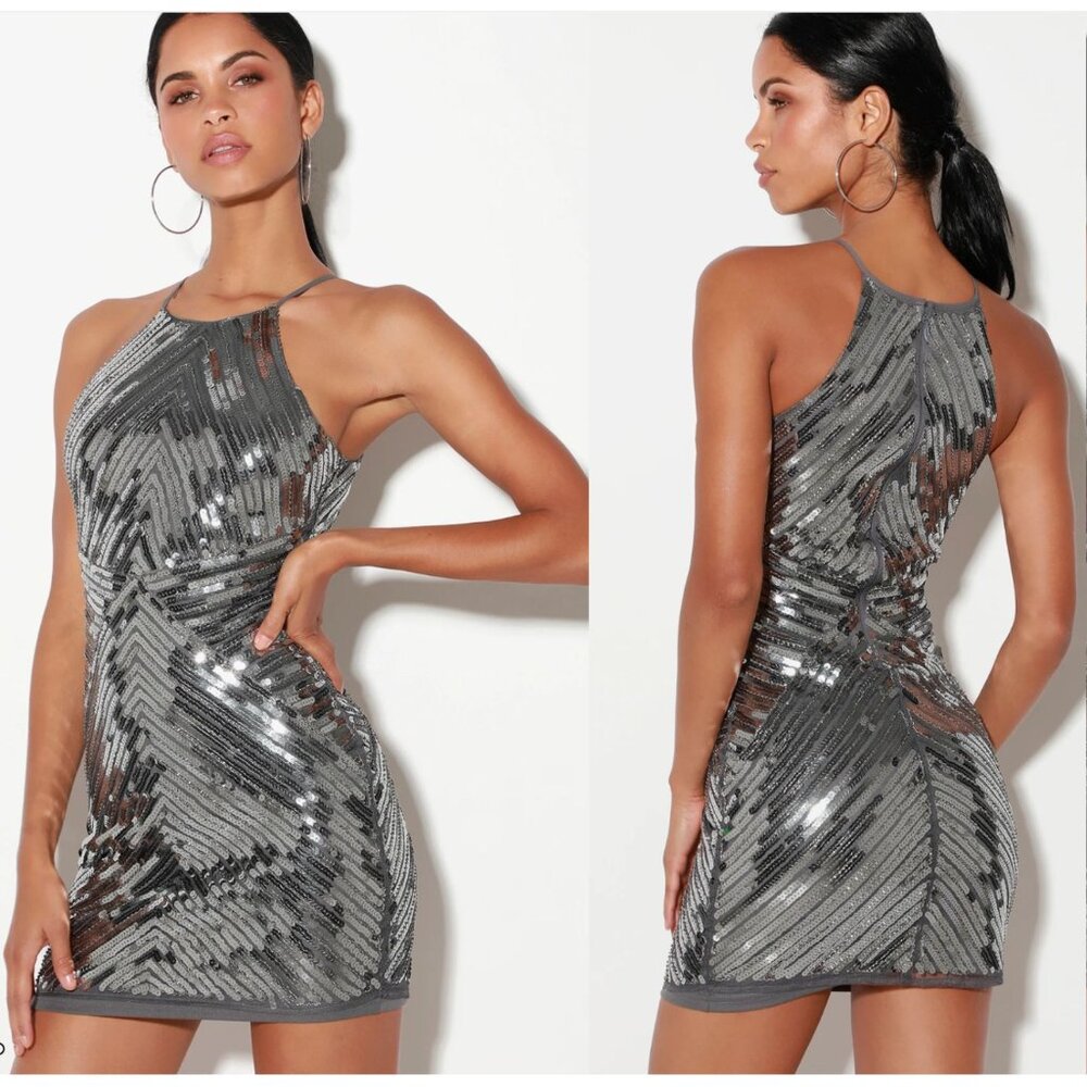 Lulus Ace of Spades Gunmetal Sequin Bodycon Dress